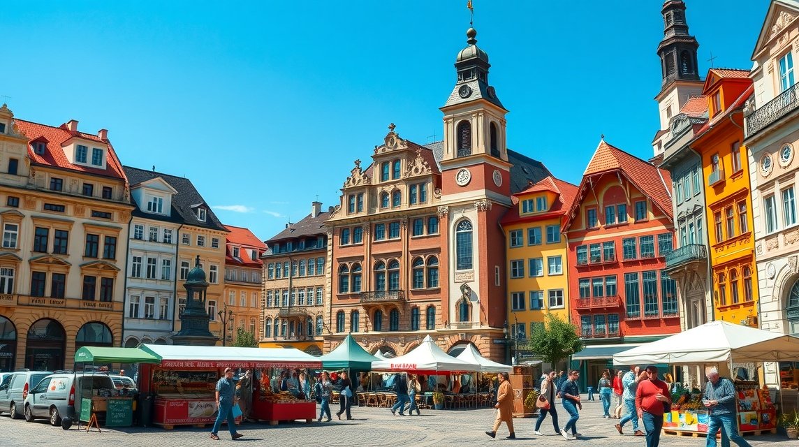 Masaryk tér, Ostrava - színes épületekkel és piaccal