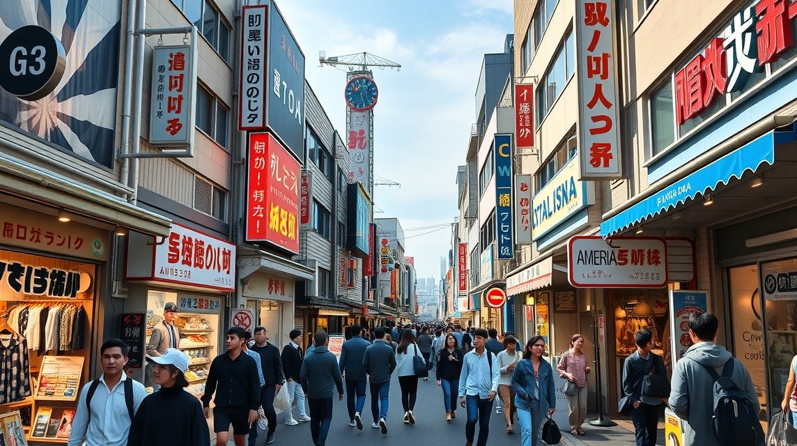 Oszaka Amerikamura divatnegyedének életteli utcája, modern boltokkal.