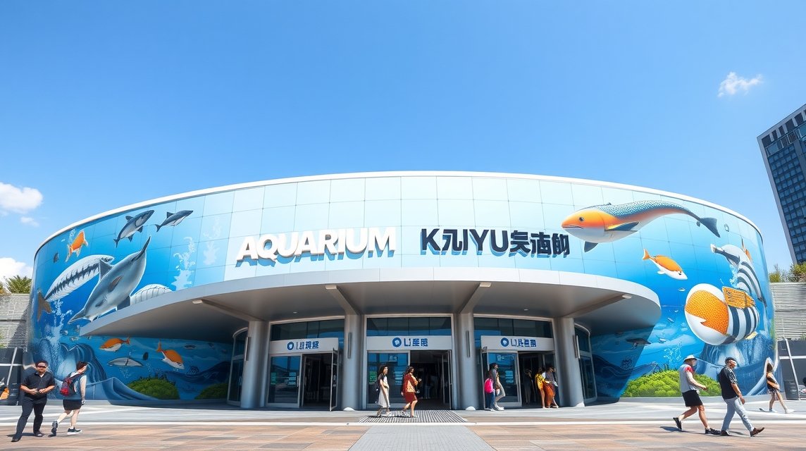 Kaiyukan Akvárium bejárata Oszakában, színes tengeri élet képeivel.