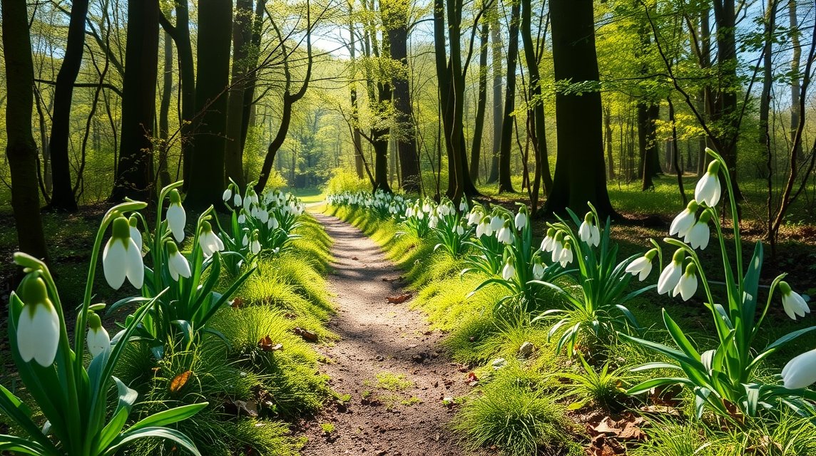Tavaszi túraútvonal hóvirágokkal az erdőben