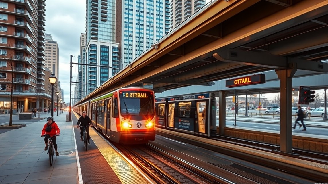 Kerékpárosok az O-Train vasútállomás mellett Ottawában.