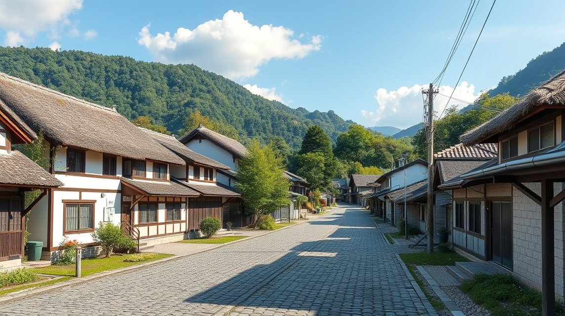 Ouchi-juku, Fukushima történelmi postaállomás fákkal és nádtetős házakkal