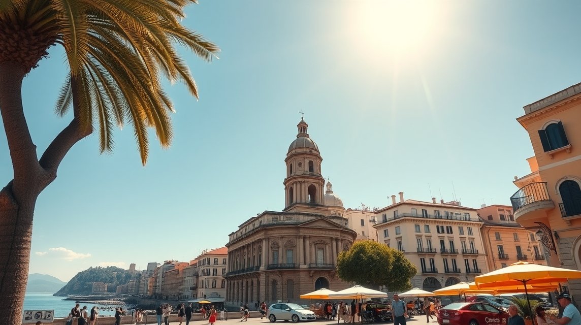 Palermo város látképe napfényes időben, pálmafákkal és épületekkel.