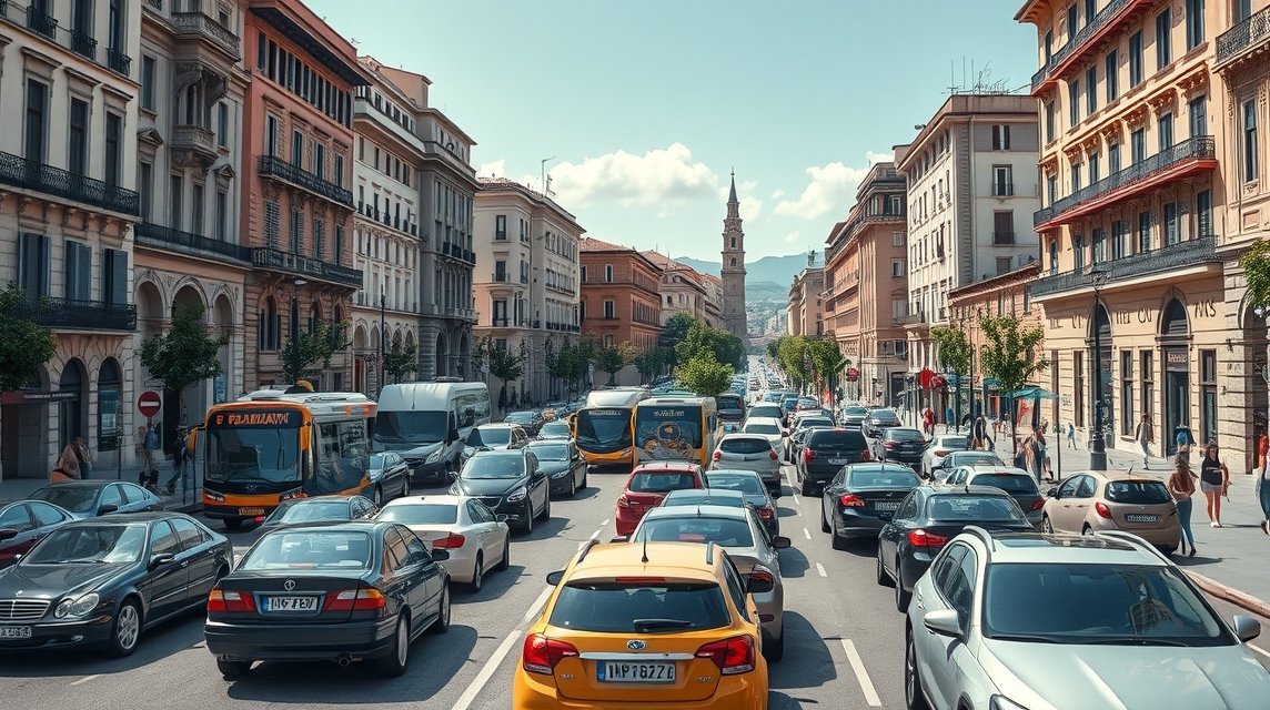 Kaotikus forgalom Palermo utcáin, motorok és autók tömege