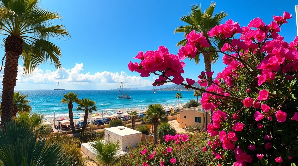 Palma gyönyörű tengerpartja virágokkal és pálmafákkal