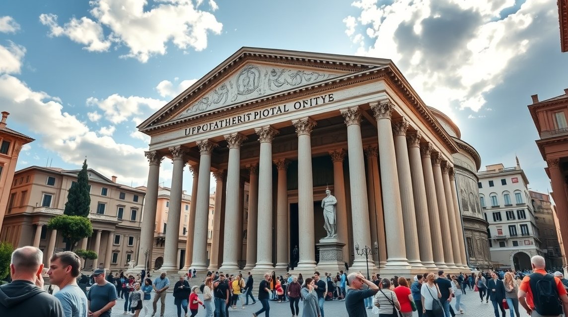 A Pantheon Róma híres ókori temploma, lenyűgöző kupolával és monumentális oszlopaival.