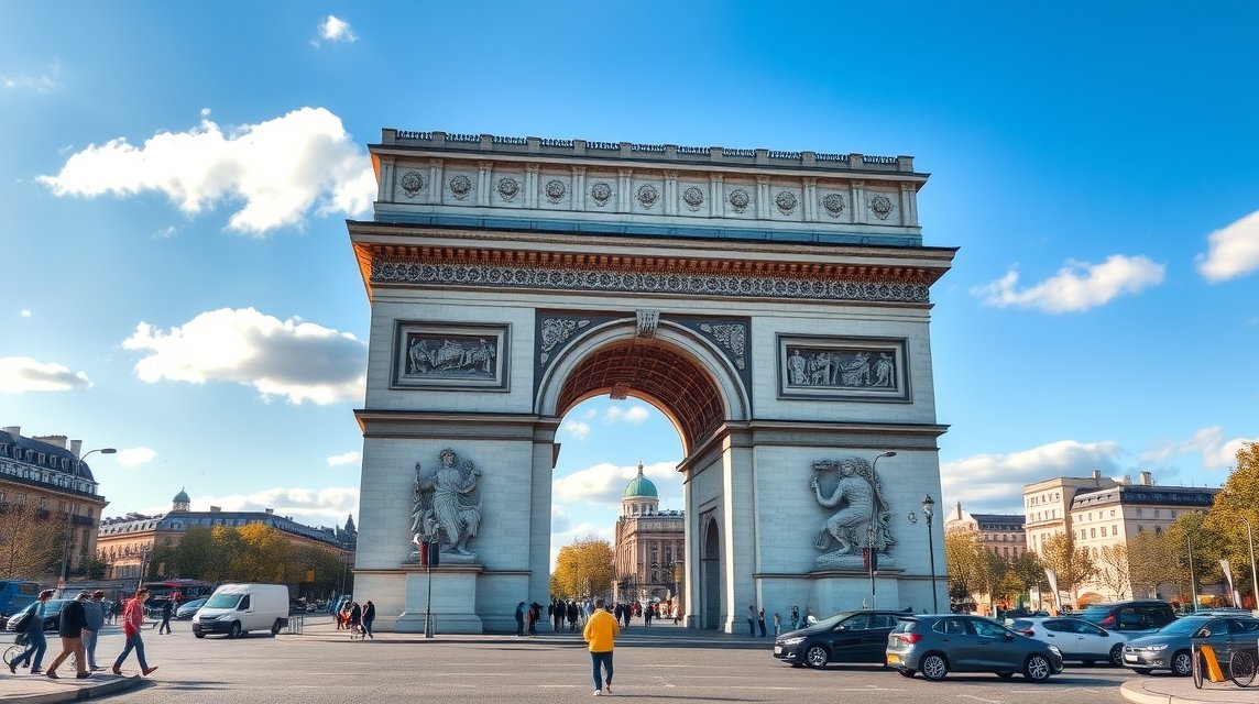 A Diadalív Párizsban, a Place Charles de Gaulle-on, napfényes időben.