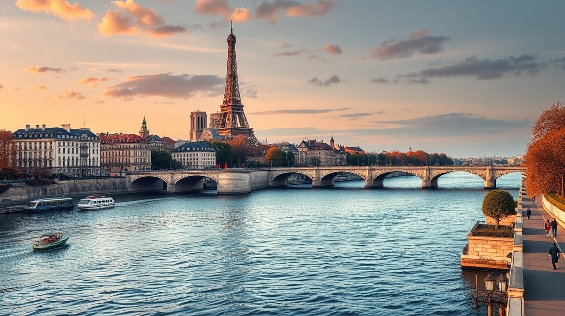 Párizs lenyűgöző látképe a Szajnáról, az Eiffel-toronnyal és híres hidakkal.