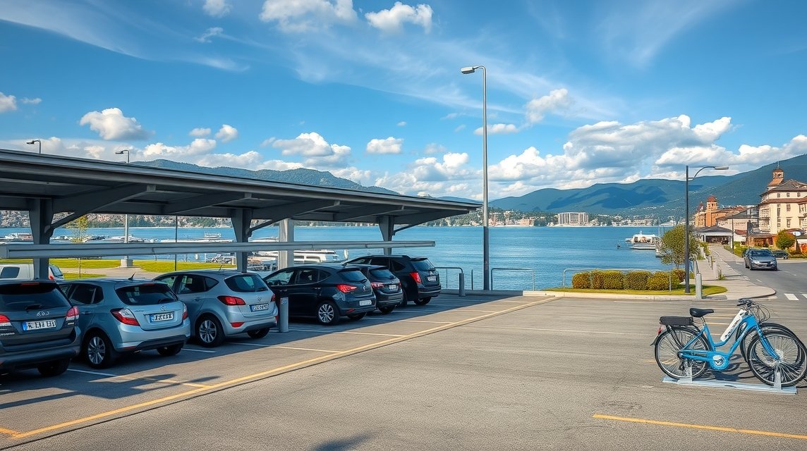 Parkoló autók és biciklibérlés Klagenfurtban a Wörthi-tó partján.