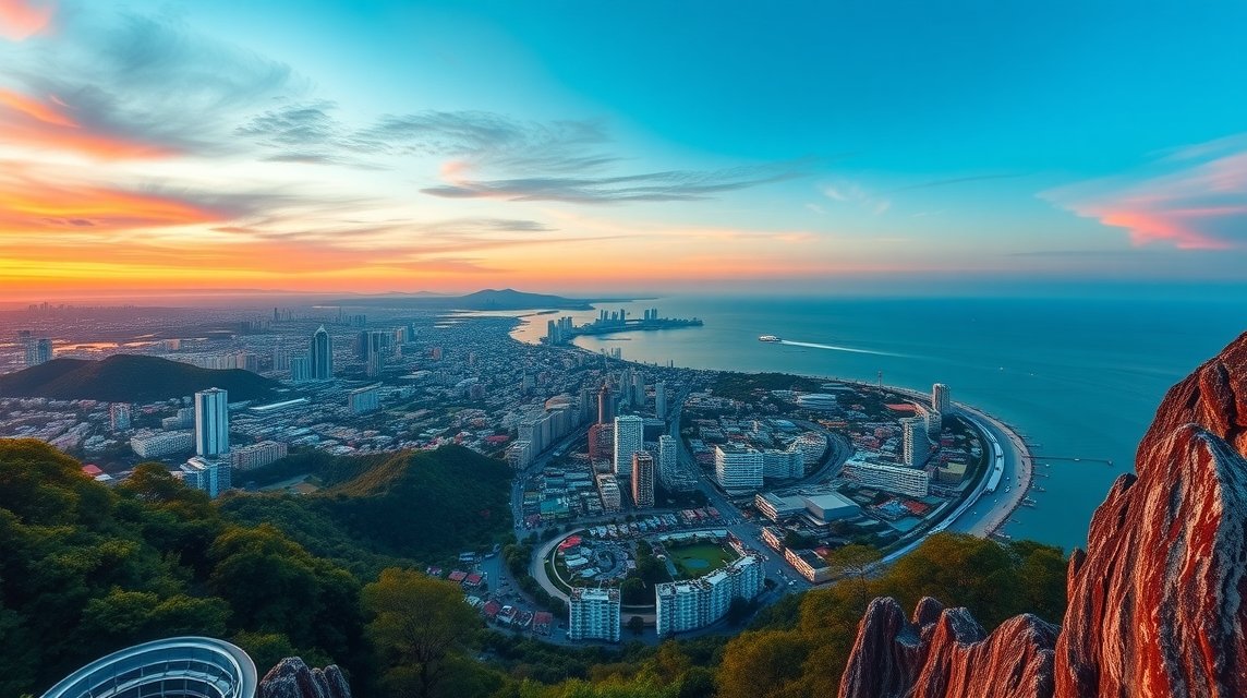 Pattaya város panorámája a View Pointból naplementekor.