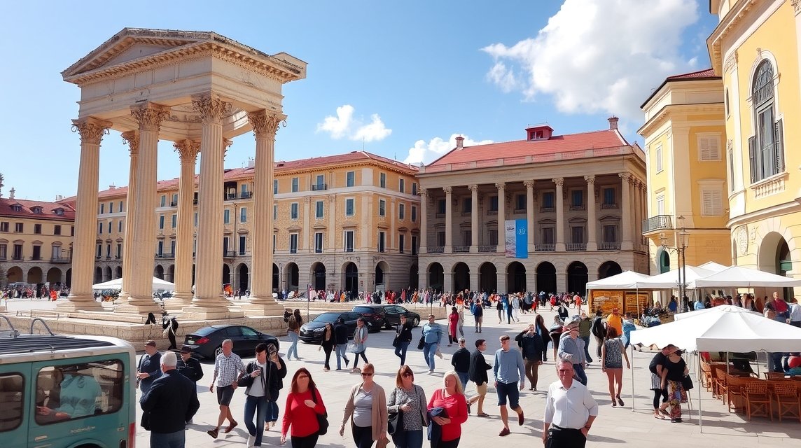 A Peristil tér látképe Split városában, Diocletianus palotájának közelében.