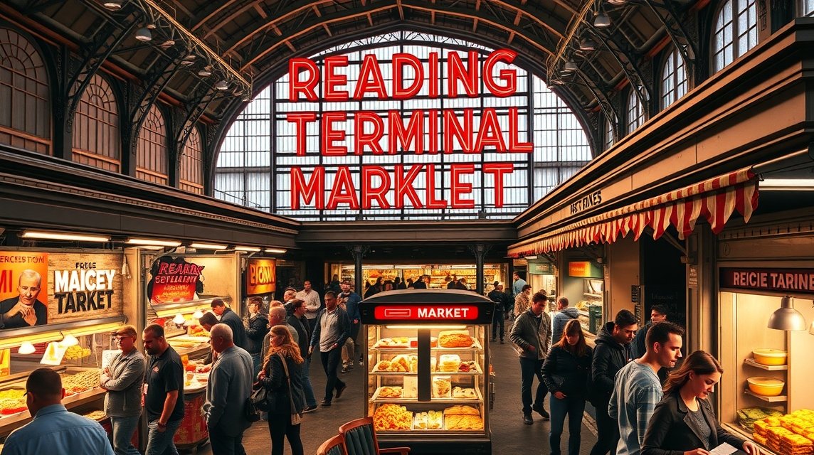 Reading Terminal Market belső látképe élénk színekkel és látogatókkal.