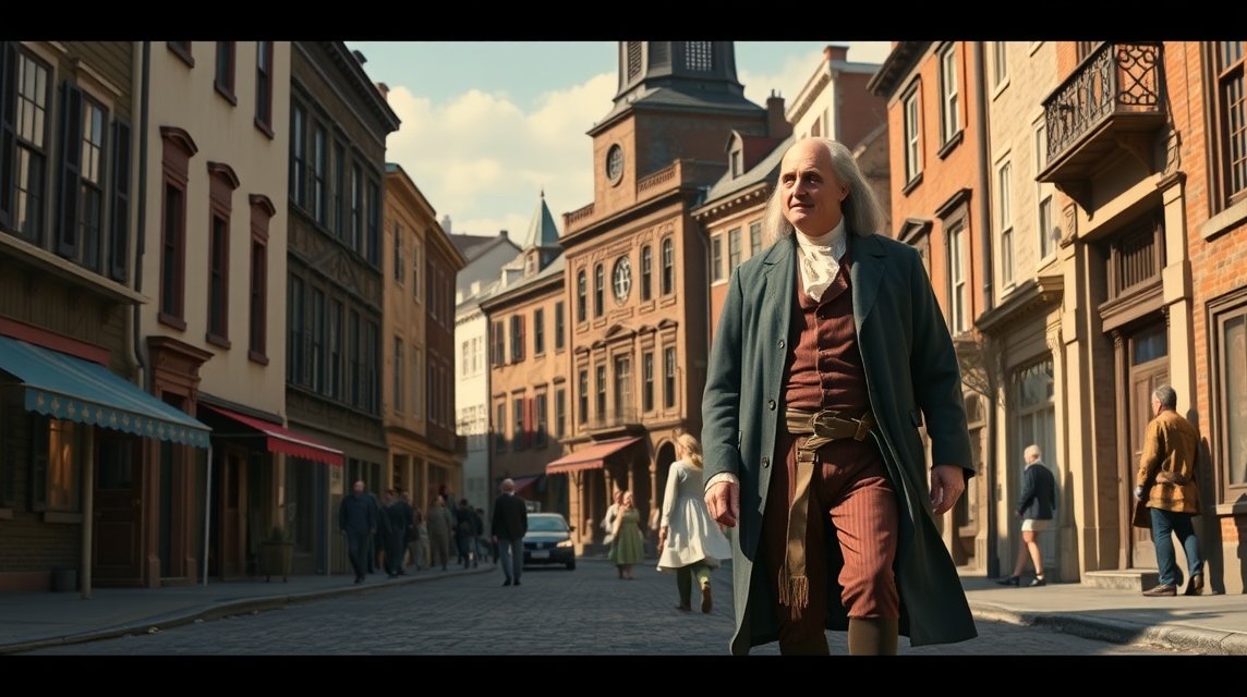Benjamin Franklin sétál a történelmi Philadelphia utcáin.