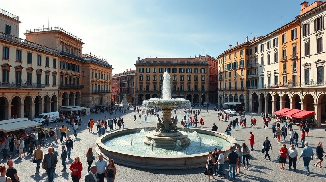 A Piazza De Ferrari impozáns szökőkútja Genova központjában, élénk városi élet mellett.