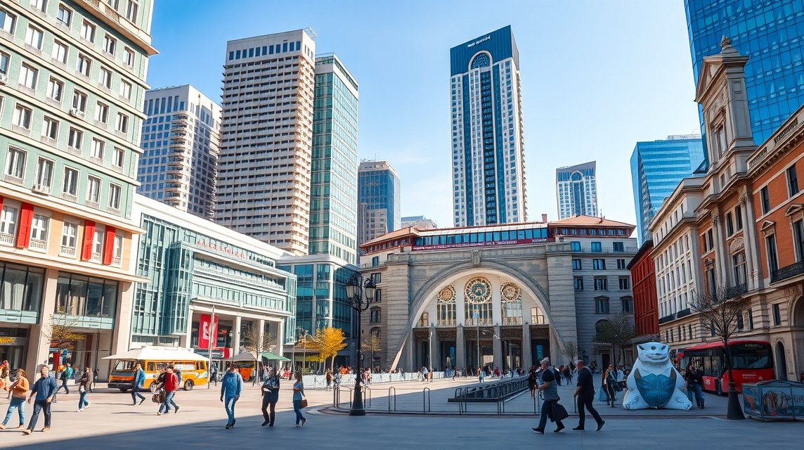 Piazza Gae Aulenti modern városrésze Milánóban, futurisztikus épületekkel.