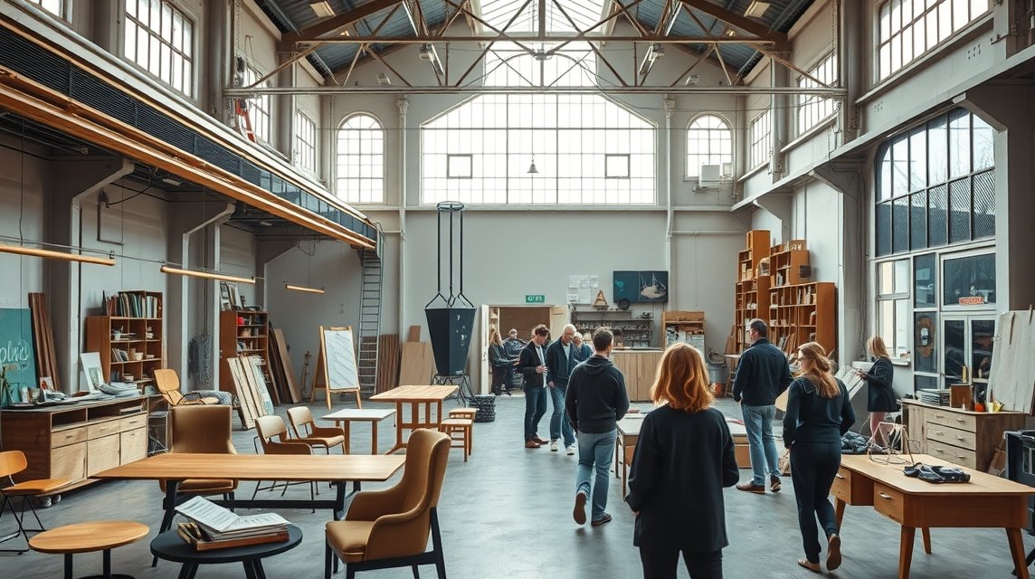 Piet Hein Eek dizájnműhelye Eindhovenben, modern bútordarabokkal.