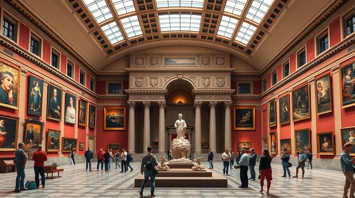 A Pinacoteca di Brera belső terének képe Milánóban, művészetkedvelők körében.