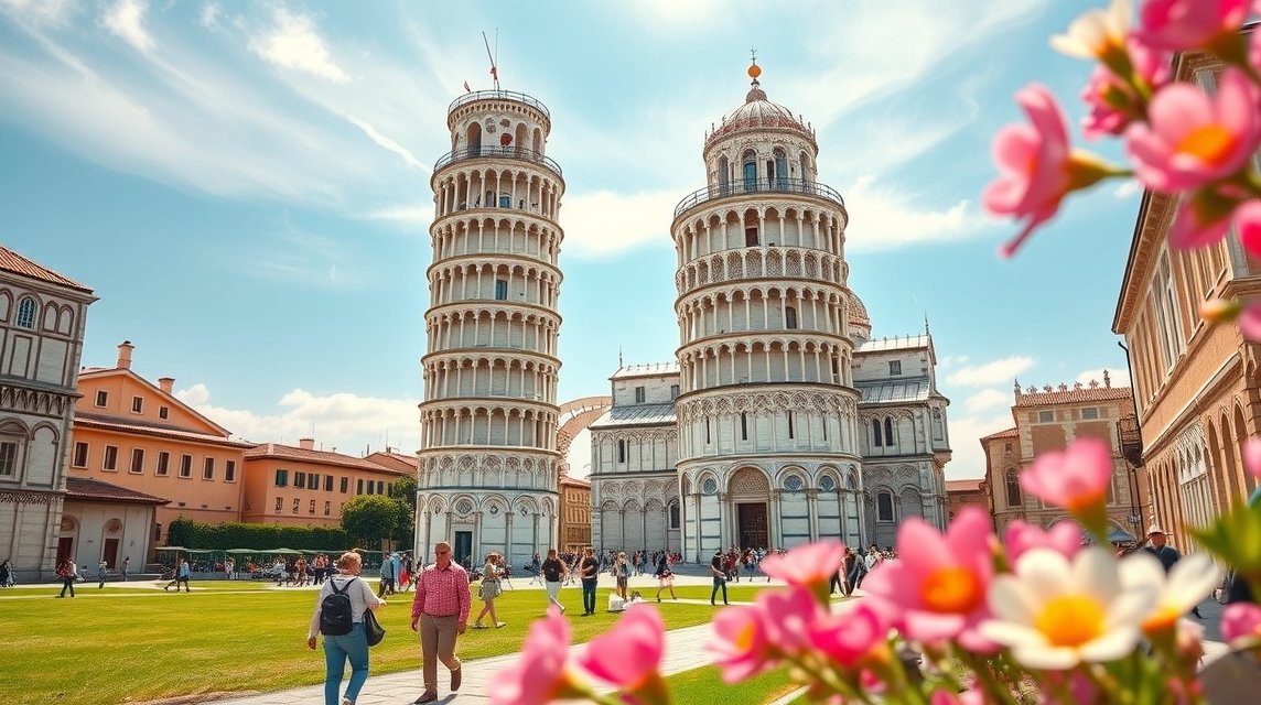 Pisa híres ferde tornya a város látnivalóival a tavaszi napsütésben