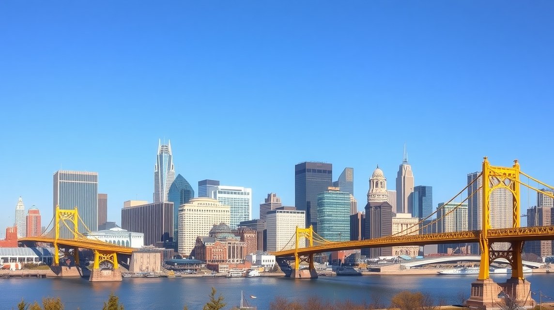 Pittsburgh sárga hídja a város ikonikus épületeivel a háttérben.