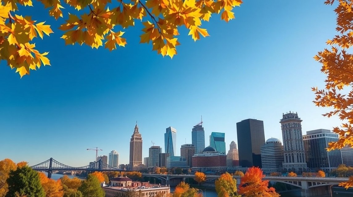 Pittsburgh városképe őszi falevelekkel és kék éggel