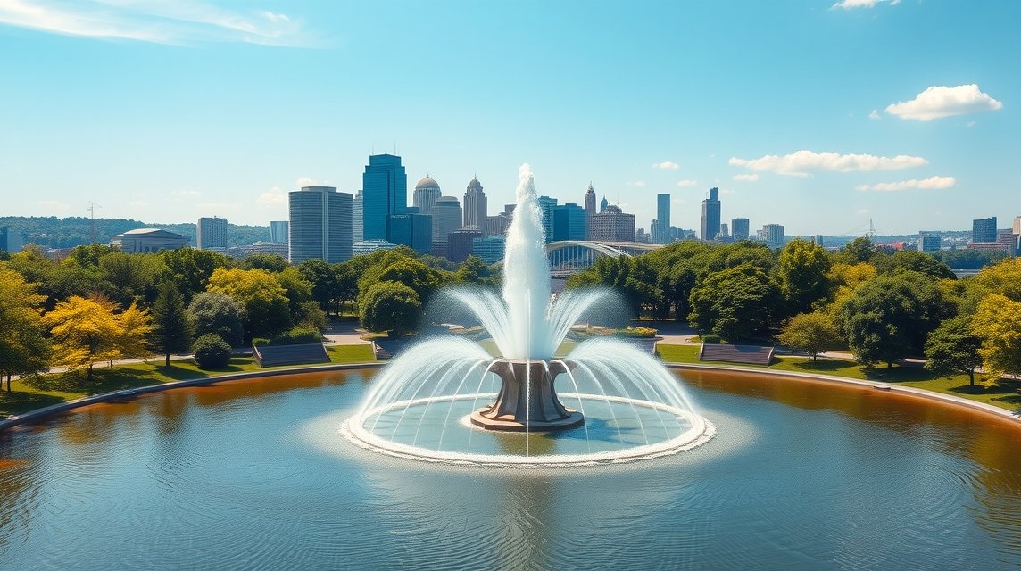 A Point State Park szökőkút Pittsburghban, városi látkép háttérrel.