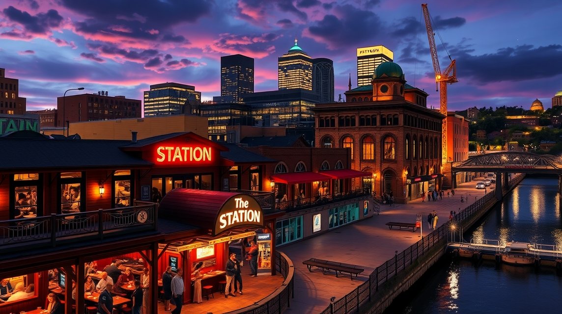 A vibráló Station Square Pittsburghban éttermekkel és bárokkal.