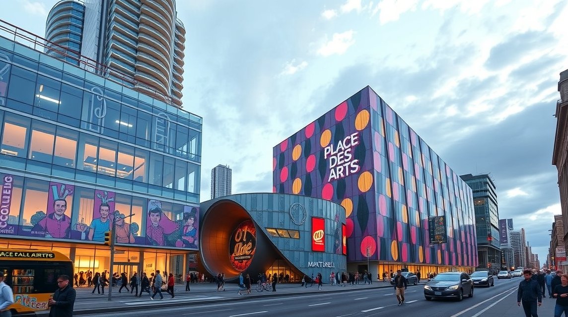 A Place des Arts, Montréal kulturális központja, vibráló épülettel és művészeti programokkal.
