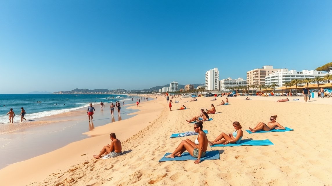 Napfényes strand Playa de Venus Marbellában, fürdőző és napozó emberekkel.