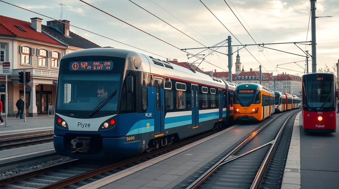 Plzeň helyi közlekedési eszközök: villamosok és vonat a megállóban