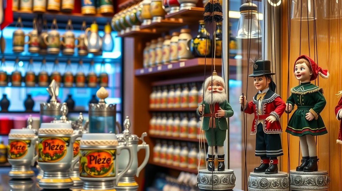 Plzeň szuvenírek: söröskorsók és marionett bábuk