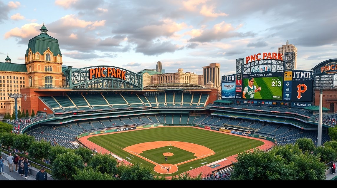 PNC Park panorámaképe, Pittsburghban, baseball stadion zöld fűvel