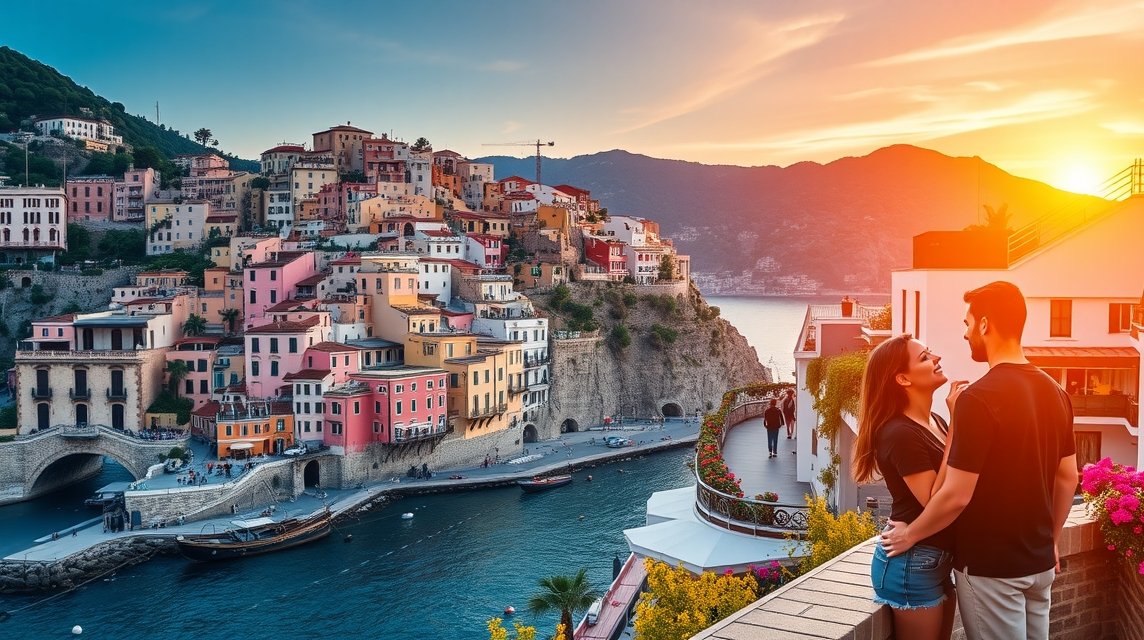 Romantikus naplemente Positanóban, szerelmespárral