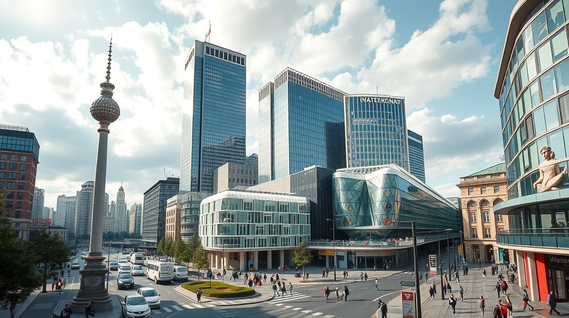 A Potsdamer Platz modern építészete Berlinben - üveg- és acélépületek.