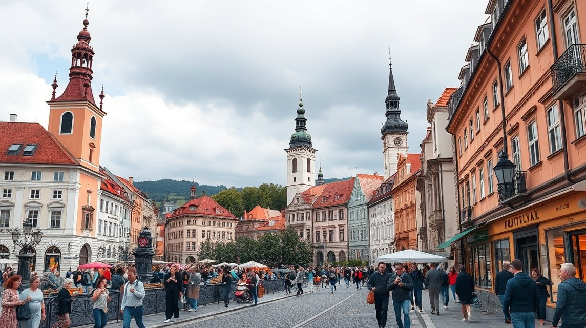 Pozsony óvárosi fő utca, kávézók és történelmi épületek