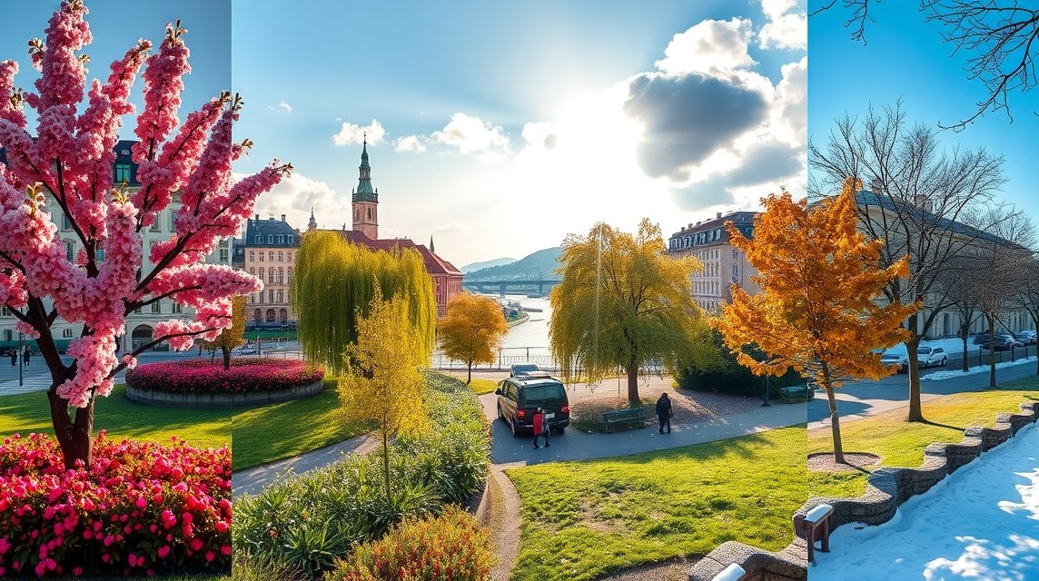 Pozsony gyönyörű időjárása és évszakai tavaszi és őszi színekben.