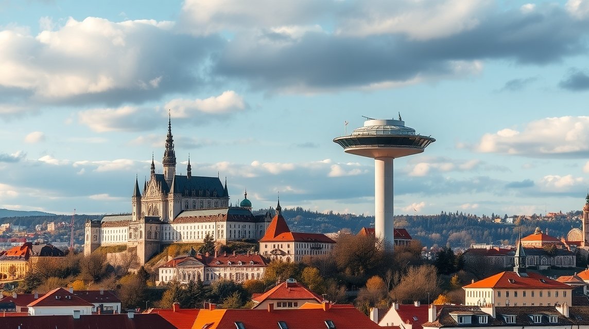 Pozsony vára és az UFO-kilátó panorámája a fővárosban