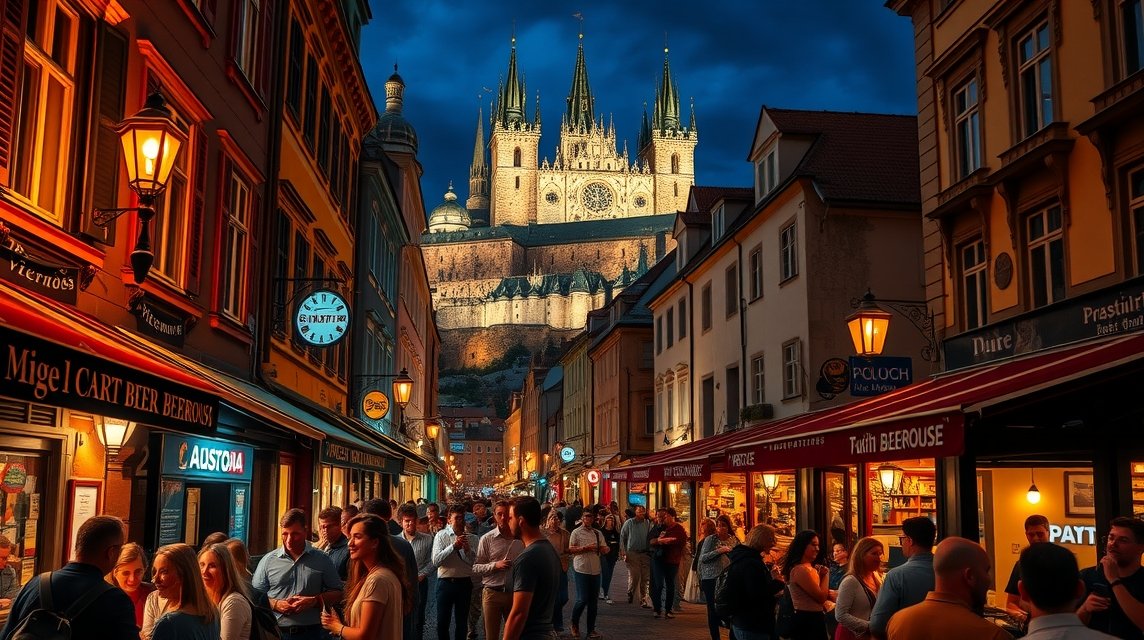 Prága éjszakai élet, kocsmák és a vár látképe.