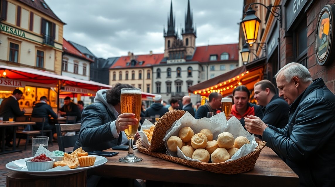 Egy prágai étterem kültéri terasza, sör és friss péksütemények