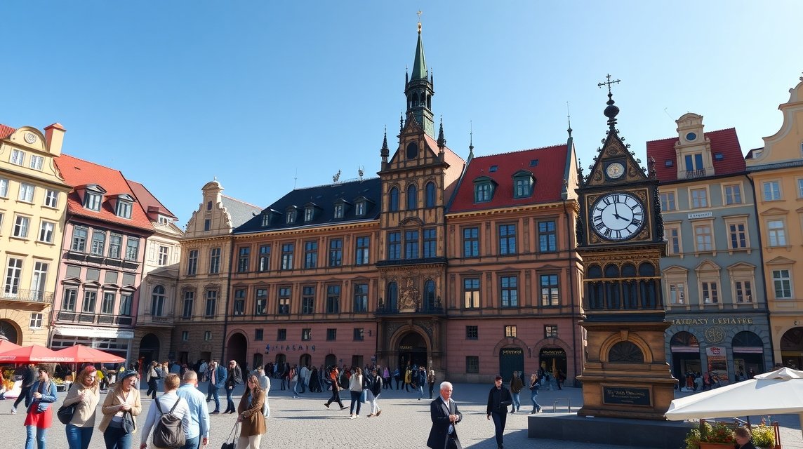 Óvárosi tér és Városháza Prágában, történelmi épületek és emberek.