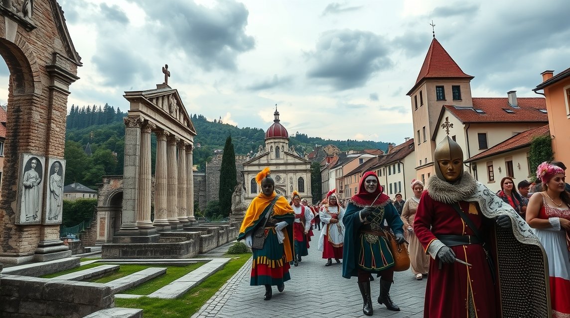 Ptuj, a legrégebbi szlovén város: Római emlékek és a farsangi Kurent-járás 1 Karneváli felvonulás Ptujban, római romok mellett.