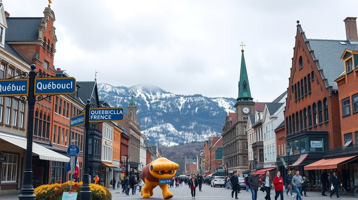 Utcai jelenet Québec városában, gyönyörű hegyekkel a háttérben.