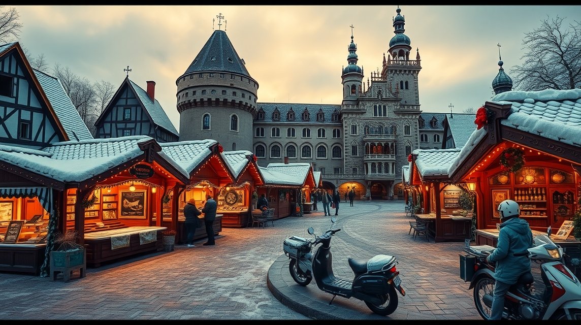 Karácsonyi vásár Regensburgban, romantikus kastély udvarán.