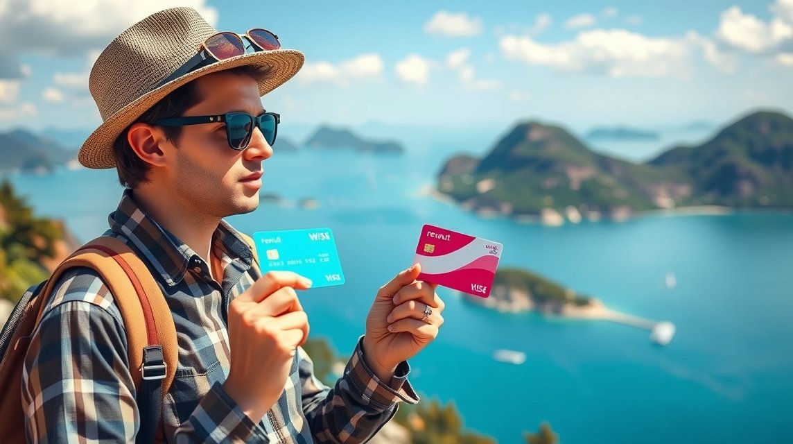 Fiatal férfi Revolut és Wise kártyákkal, gyönyörű tájban