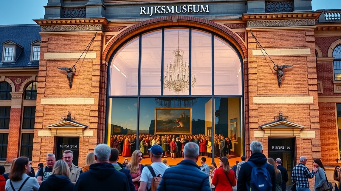 A Rijksmuseum bejárata Az Éjjeli őrjárat előtt Amszterdamban.