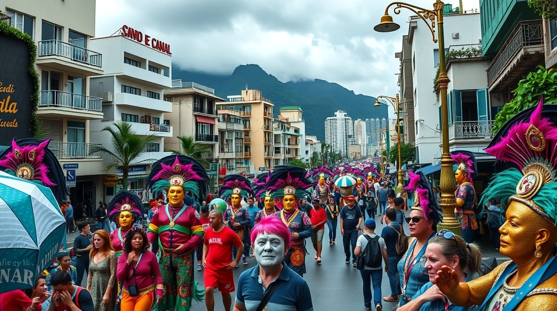 Fesztivál részlet Rio de Janeiróban, színes jelmezekkel és táncosokkal.