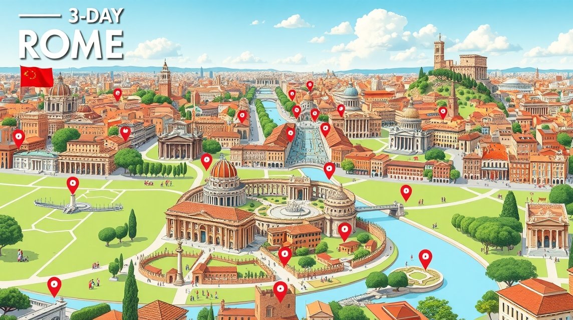 Róma városképe turisztikai látnivalókkal, 3 napos útiterv