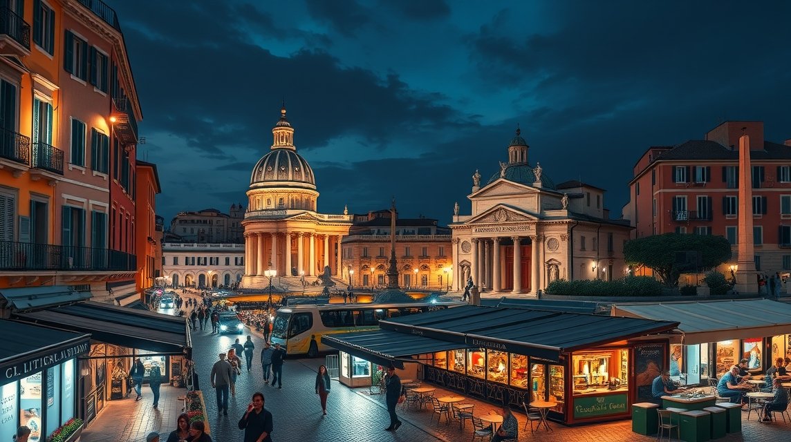Róma esti élet a Piazza Navonán, világító épületekkel és éttermekkel.