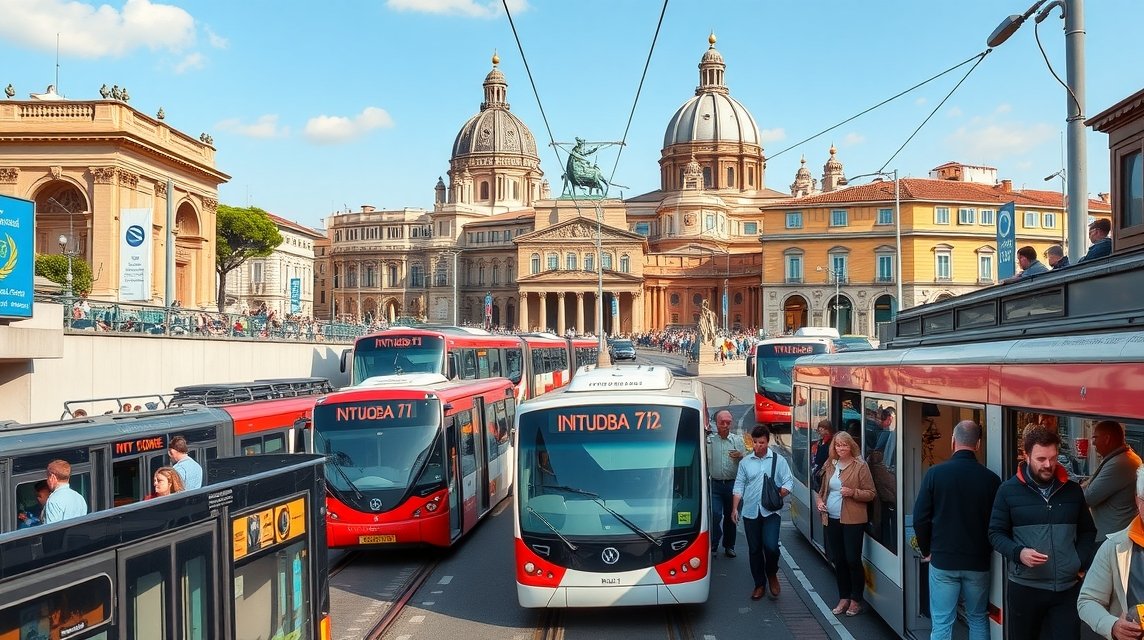 Róma tömegközlekedése buszokkal és villamosokkal a város központjában.