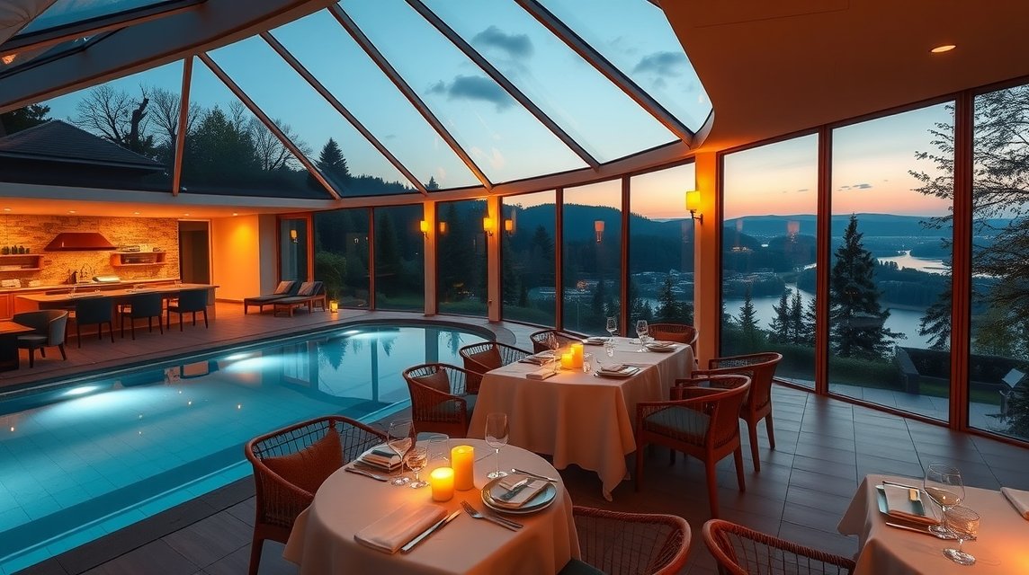 Romantikus wellness szálloda éttermének belső nézete medencével