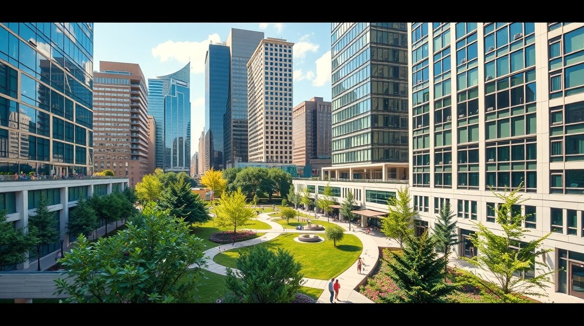 Romare Bearden Park zöld oázisa a felhőkarcolók között Charlotte-ban.